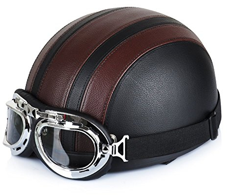 SYT 54-60cm Moto En Cuir Moitié Casque Rétro Lunettes (Brun)