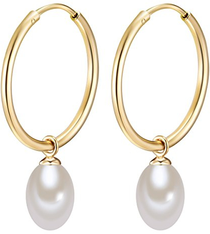Valero Pearls Damen-Creolen mit Perlen-Anhänger Sterling Silber gelbvergoldet mit Süßwasser-Zuchtperlen weiß - Perlenohrhänger Silber-Ohrringe
