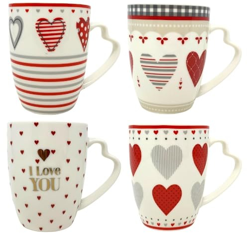 NAMAI - Set Tazze Colazione 4 pz, 340 ML, 8cm x 10cm, Porcellana Resistente, Adatte alla Lavastoviglie e Microonde, Tazze Particolari, Idea Regalo, Colori Assortiti (Rosso)