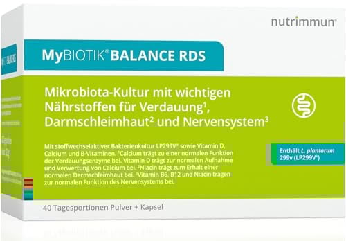 MyBIOTIK®BALANCE RDS I made by nutrimmun I Für 40 Tage I Aktive Bakterienkultur LP299V® I Vitamin D I Calcium I B-Vitamine I Pulver + Kapseln I Vegetarisch I Glutenfrei I Laktosefrei I Laborgeprüft