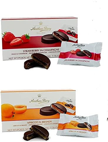 4 x Cioccolatini misti Anthon Berg, Fragola, Albicocca, ciliegia, Lampone Marzapane (220 g) con scatola (V Star)
