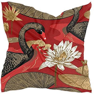Linomo Damen Chiffon Seidenschal Vogel Schwan Blume Seerose quadratischer Schal Wrap Seide wie Schal