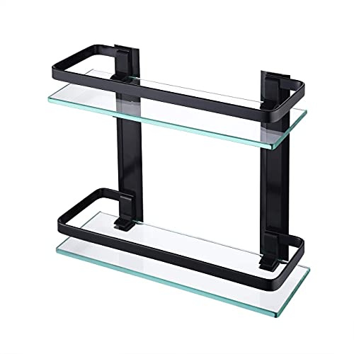 PORTE ITALIANE, Étagère de Salle de Bain, 2 Tablettes en Verre Trempé de 8 mm et Barre en Aluminium, Jusqu'à 5 kg de Poids par Étagère, 28x29x12 cm, Noir