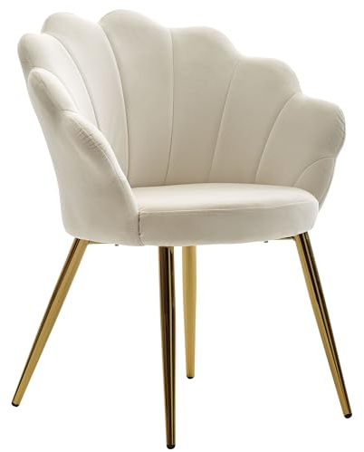 Wohnling Esszimmerstuhl Tulpe Samt Weiß Gepolstert, Küchenstuhl mit Goldfarbenen Beinen, Schalenstuhl Skandinavisches Design, Polsterstuhl mit Stoffbezug