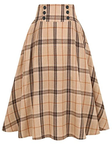 IDEALSANXUN Karierter Rock für Damen, hohe Taille, plissiert, Midirock, khaki, XX-Large