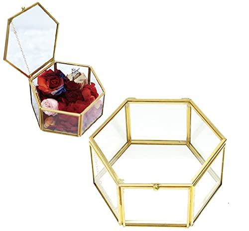 XNSHUN Schmuck Glas Box Hochzeitsring Box, Glas Schmuckschatulle Golden Ringschachtel Schmuckbox Schmukkasten, Schmuck Display Halter Für Ringe, Goldfarben, Geometrische Ringträger Box