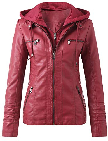 Lederjacke Damen Kunstleder Jacke Damen Lederjacke mit Kapuzen Große Größen Herbst Winter Langarm Motorrad Jacke Winterjacke Slim Fit Hoodie Mantel Streetwear mit Reißverschluss Tasche, Rot, 3XL