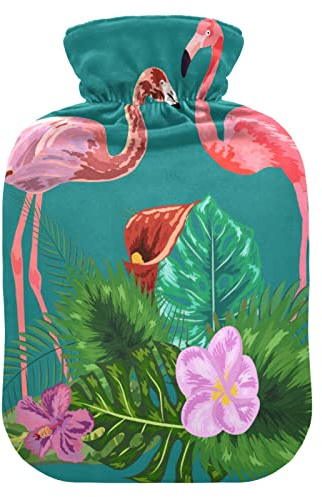 Wärmflasche mit weichem Samtbezug, rosa Flamingo-Vögel, Wärmflasche für Schmerzlinderung, heiße und kalte Kompresse, Körperbettwärmer, 2 l