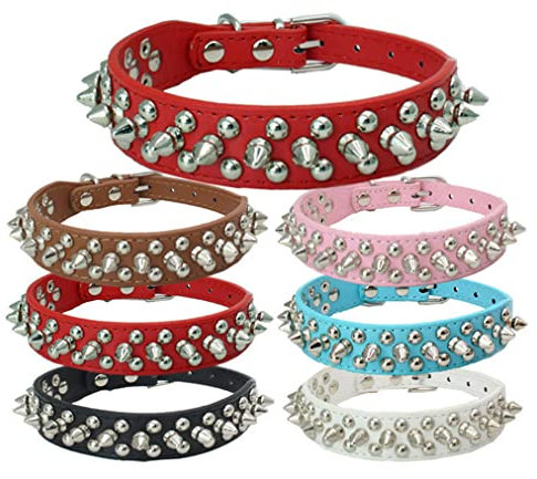 Collar de perro con pinchos, pequeño remache, tachonado, cachorro, niña, niño, mascota, gatito, collares ajustables para gatos, lindo collar de piel sintética suave con tachuelas, color rosa, L