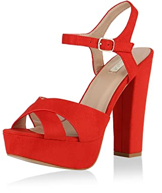 VAN HILL Damen Plateau Sandaletten Wildleder-Optik Party Schuhe Blockabsatz High Heels Basic Riemchen Absatzschuhe 175408 Rot 38