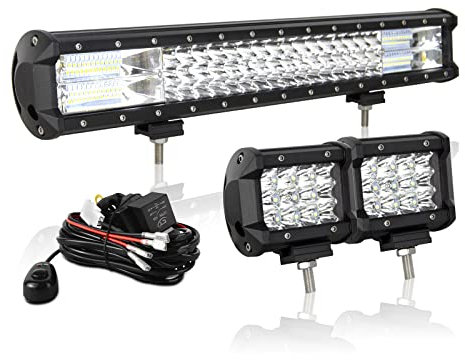 AUXTINGS 50 cm 252W LED Lichtleiste Spot Zusatzscheinwerfer Flutlicht + 2x 10cm 36W Spot LED Arbeitsleuchte mit 2 Kabeln 12V Kabelbaum-Kit für JP Pickup Offroad Truck 4X4 ATV Bootsanhänger,wasserdicht