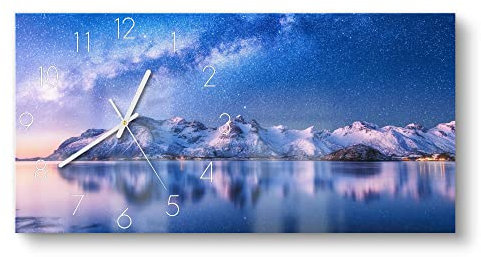 DEQORI Glasuhr | vertikal 60x30 cm | Motiv Galaxis über Fjord | große XXL Design Uhr aus Glas | leise Wanduhr für Wohnzimmer & Küche | moderne Hingucker Uhr für die Wand