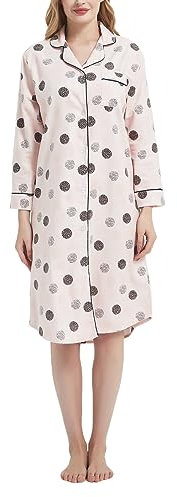 CHUNG Chemise de nuit à carreaux pour femme - Manches longues - En flanelle douillette - Coton brossé, Rose clair à pois, M