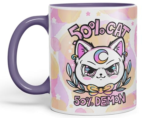 Vixar 50% Cat 50% Demon Cute cat Lovers, Kawaii Joke Coloured Ceramic Mug Cup Gift 330ml 11oz Work Office Tea Coffee (Purple)