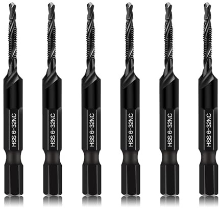 6-Piece 6-32NC Combination Drill Tap Countersink Bit Set SAE, Made of High-Speed Steel with Anti-Rust Blackened Coating, Ideal for Soft Metal, Wood & Plastic, 6-32NC Thread Size, 1/4” Hex Shank