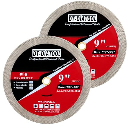 DT-DIATOOL Diamant-Trennscheibe 230mm x 22.23mm 2-Stück- für Porzellan, Fliesen, Keramik, Marmor Diamantscheibe 230mm für Schleifer