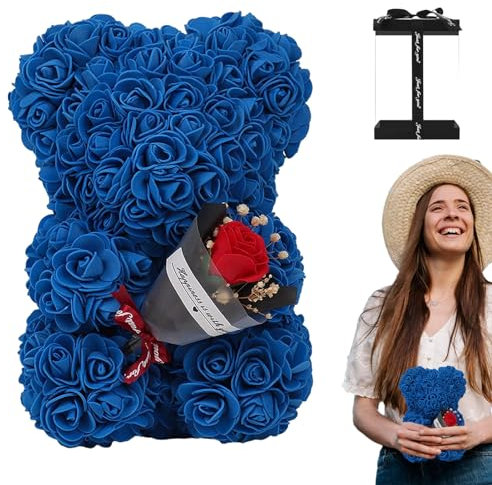 Ours en, Ourson À Fleurs Mignon avec Boîte Transparente, Ours en Ours Fleur, Ours Eternelle Cadeaux pour La Saint Valentin, Anniversaire, Mariage De Femmes (Bleu foncé)