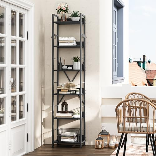 YITAHOME Bookcase 6 Tiers, Floor Standing Book Shelf with 4 Hooks, Wooden Shelf and Metal Frame Book Rack Industrial Tall Shelf Unit Storage for Living Room, Home Office, Black Bookshelf