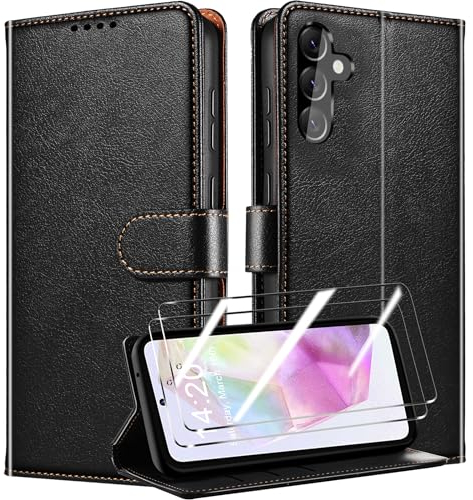 QHOHQ Cover per Samsung Galaxy A35 5G + 2 Pezzi Vetro Temperato, [RFID Shieldon], Libro Custodia Portafoglio Premium Pelle PU, [Slot Scheda], Pulsante Magnetico, Antiurto Case (Classico) - Nero