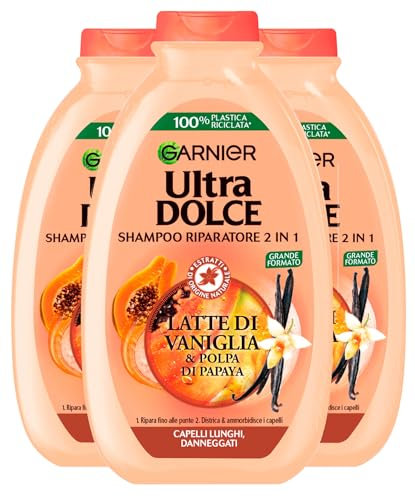 Garnier Ultra süßes 2-in-1-Reparatur-Shampoo für langes und beschädigtes Haar mit Vanillemilch und Papaya-Fruchtfleisch, Weichspüler mit Extrakten natürlichen Ursprungs - 3 Flaschen à 400 ml