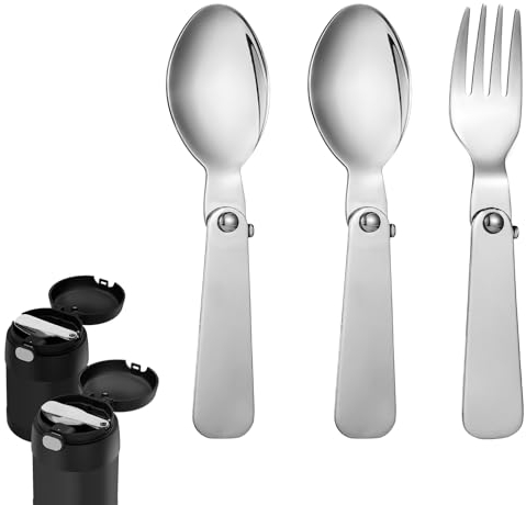 2pcs Replacement Spoons and 1pc Fork Compatible with Thermos Funtainer 10oz Insulated Food Jar, Stainless Steel Metal Folding Spoon Portable Foldable Spoon Utensils for Thermos Part, Dishwasher Safe
