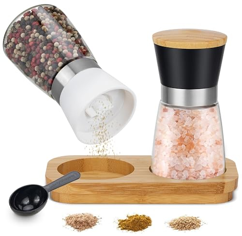 FUONCEDE Juego de 2 molinillos de sal y pimienta, con mecanismo de cerámica ajustable, con base de bambú y cuchara, adecuado para el hogar, restaurante (sin contenido de especias)
