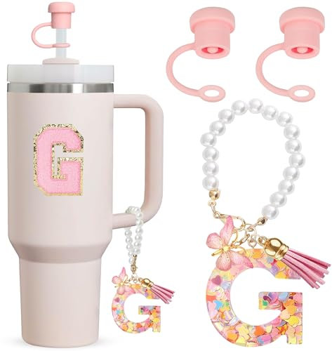 Letter Cup Accessories,4pcs Includs 2pcs Dustproof Straw Topper,1pc Letter Charm Accessories for Cup and 1pc Personalized Name ID A-Z Pearl Hangings Letter Stickers (G)
