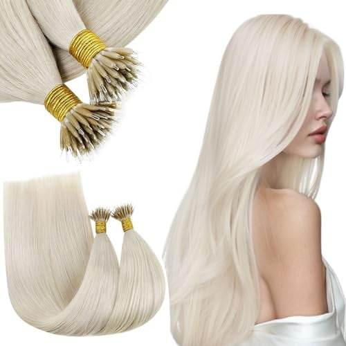 RUNATURE Nano Hair Extensions Real Human Hair Blonde Nano Beads Hair Extensions White Blonde Invisible Nano Ring Straight Remy Hair 50g 50s 18 Inch #800