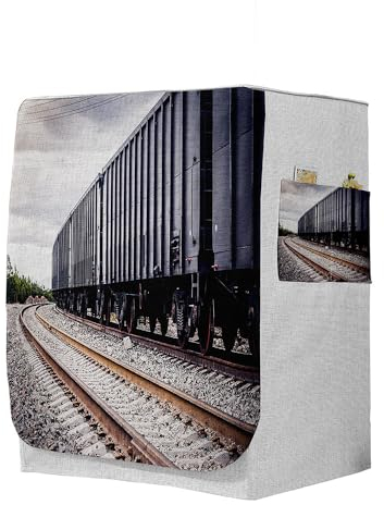 Odot Funda Lavadora Exterior, Universal Cubierta para Lavadora y Secadora Carga Frontal, Funda de Protección Solar Antipolvo con Cremallera (Vías de Tren,L-Capacidad 10,5-12kg)