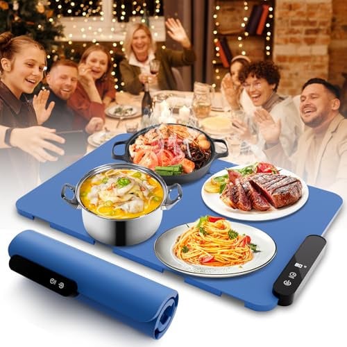 Gamexop Scaldavivande Elettrico, Vassoio Riscaldante Elettrico Scaldavivande con Materiale in Silicone Portatile Pieghevole, Piastra Riscaldata Regolabili Festa Eventi e Cene Domestiche (Blu)