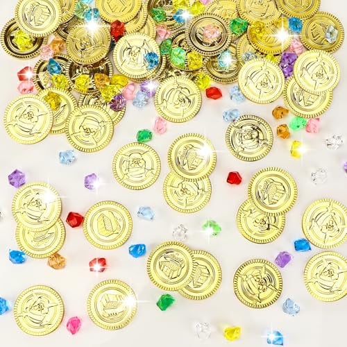Williyatt 200 Stück Piraten Goldmünzen, 100 Stück Goldtaler Pirat Münzen und 100 Stück Edelsteine, Piraten Deko Kindergeburtstag, Schatztruhe Kindergeburtstag, Edelsteine Ausgraben für Kinder