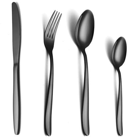 COPOTIO Couverts de table noir 6 personnes, Ensemble de couvert acier inox 24 pièces, avec cuillère couteau fourchette