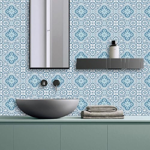 Mosaikfliesen Minimalismus Blau Mandala Fliesenaufkleber PVC Hitzebeständig Klebefliesen Küche Bad Wasserdicht Tile Sticker Ölfest Selbstklebende Fliesen Badezimmer Küchenrückwand 15x15cm/20 Pcs