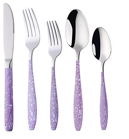 KHYTEBV Set di Utensili da Cucina 5 Pezzi/Set Set di stoviglie in Acciaio Inox Utensili riutilizzabili Posate Viola Argento Cucchiaio forchetta Coltello stoviglie per la casa