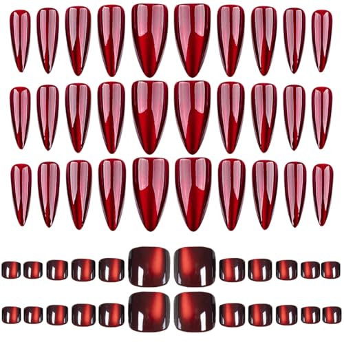 NHQZ Uñas postizas rojas, 54 Rojo Press on Uñas con pegamento,uñas postizas a presión, uñas de ojo de gato para mujeres y niñas para pies y manos