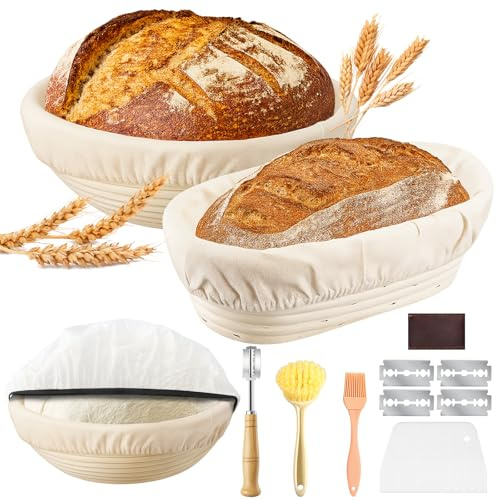Prebarfun Bread Proofing Basket Set - Incl. 9'' Round & 11'' Oval Banneton Proofing Basket, Sourdough Cover, Bread Lame, Scrapers, Pastry & Clean Brush, Sourdough Starter Kit for Home Bakers