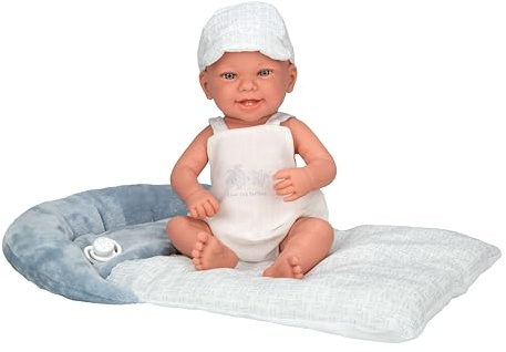 ARIAS Elegance 42 cm ZOE Puppe mit Vinylkörper und Gliedmaßen. Kleid mit blauem und weißem Set, Mütze und passendem Kissen, inklusive Schnuller und Kissen, Spielzeug für Kinder Aller Altersgruppen