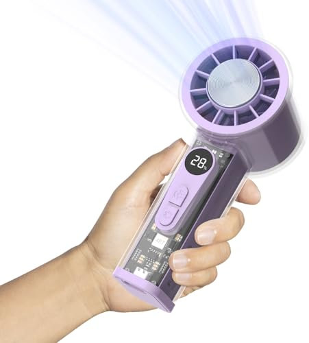 Oramuon Ventilateur de Poche Portable avec Glacière Intégrée, Batterie 5000mAh, 6 Vitesses, Écran LED, Turbo Haute Vitesse, Coque Transparente, Idéal pour Voyages, Été, Concerts et Extérieur