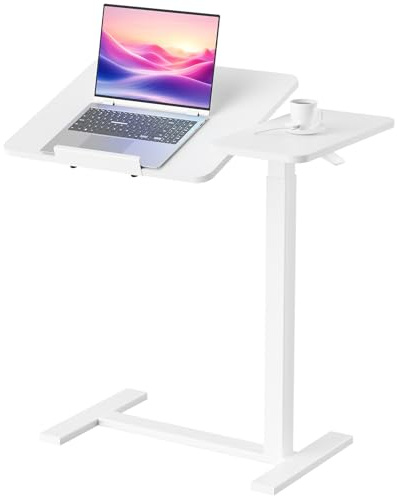 DUMOS Overbed Bedside Table Adjustable with Wheels, Mobile Standing Stand Up Rolling Laptop PC Desks with Tilting Top Height Tray Side Computer Workstation for Bedroom on Hospital Home Use, White