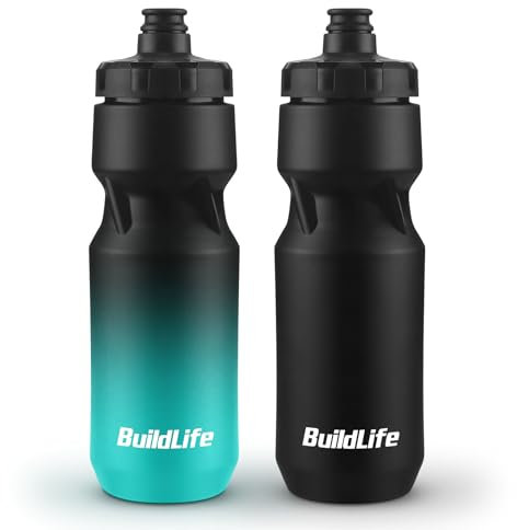 BuildLife 2 Pack Sports Water Bottle, 710ML Squeeze Water Bottle, Biking Water Bottles, BPA Free & Leakproof Cycling Bottles for Hiking, Outdoor Sports Dishwasher Safe (BlackBlue+Black)