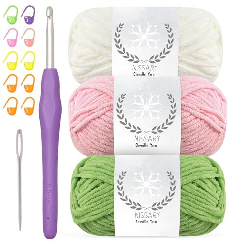Chenille Yarn for Crochet - Soft Plush Velvet Yarn 3x50g with 5mm Hook,Thick Fluffy Wool for Crochet Blanket Making Chunky Wool -Ideal for Beginners (White+Pink+Green)