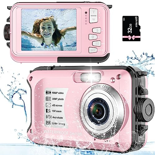 Underwater Camera, Autofocus Waterproof Camera with 32GB Card, 10ft Waterproof Digital Camera with 2.7 Screen for Kids, Fill Light 16X Compact Digital Camera