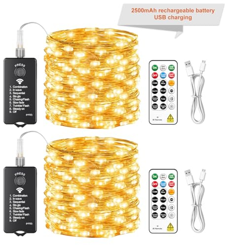 SINAMER 2 Pack Rechargeable Fairy Lights with Remote, 10m 100LED | DIY Timer & Light Sensor, Battery Operatd, Waterproof Outdoor, For Bedroom Patio Christmas Tree Decor,Warm White