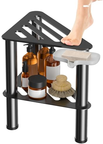 Eck-Duschfußhocker zum Rasieren der Beine, Rostfestigkeit und Rutschfester | Schwarz Duschfußstützenbank, mit Seifenkasten und Verstellbare Tritthocker, Wasserdichter Kleiner Tritthocker mit Ablagefach