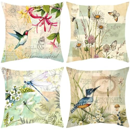 Hopomoon Kissenhüllen Leinenoptik Vintage Design 4er Set 45x45 cm Dekokissen mit Vögel Kolibri Libelle Blumen Motive, Landhausstil Kissenbezüge für Sofa Wohnzimmer Garten Terrasse Dekoration
