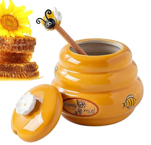 Pot À Miel En Céramique, Mini Pot À Miel Avec Couvercle Et Cuillère En Bois, Distributeur De Sirop En Céramique Réutilisable, Pots De Rangement De Cuisine Hermétique Polyvalent Pour Sirop, Sucre, Thé