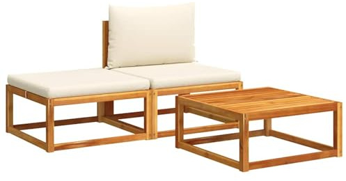 WGYHOME 3-TLG. Gartensofa-Set mit Kissen aus Akazienholz & Seil, Creme Polyesterbezug, 65x65 cm, wetterfest & modular – für Terrasse, Garten & Innenhof