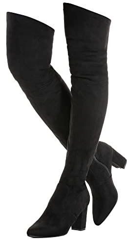 N.N.G Stivali da donna sopra il ginocchio alti alla coscia in camoscio nero lungo blocco invernale Chunky sopra il ginocchio stivali a punta, Nero/Tacco svasato da 3 pollici, 38 EU