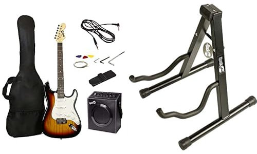 RockJam Full Size Electric Guitar Kit with 10-Watt Guitar Amp, Lessons, Strap, Gig Bag, Picks, Whammy, Lead and Spare Strings - SunBurst & Universal Portable A-frame Guitar Stand for Acoustic Guitar