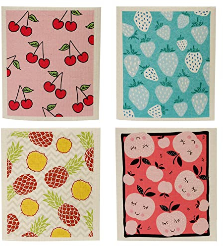 KABAKE Swedish Dishcloths, 4 Pack ECO Friendly Reusable Absorbent Sponge Cloth Reusable Dish Towels Absorbent and Fast Dry Cleaning Cloths for Kitchen (Fruits)